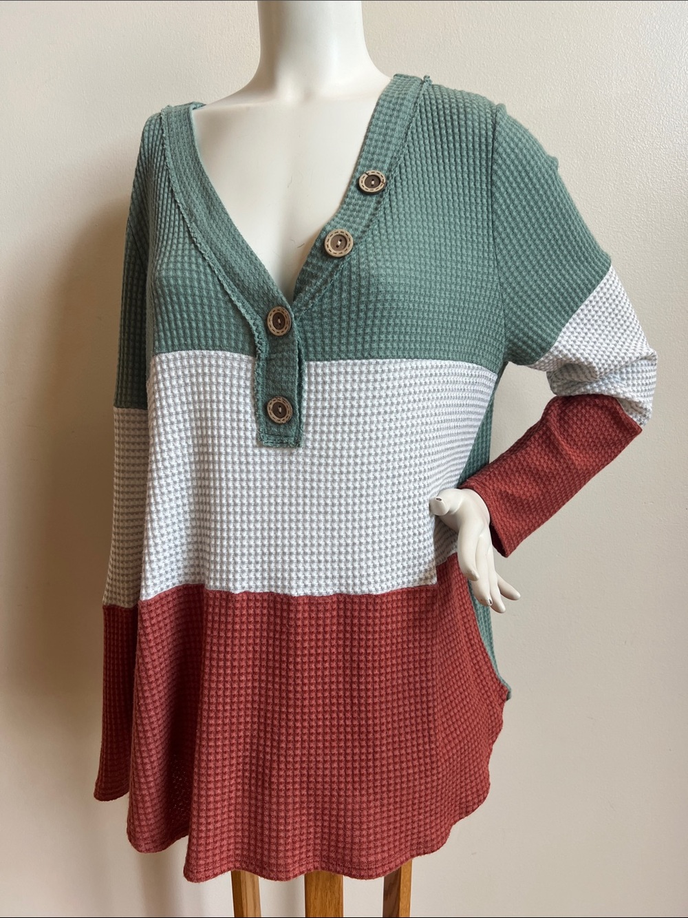 Bibi Colorblock Waffle Knit V-Neck Tunic with Buttons - Sage, White & Rust